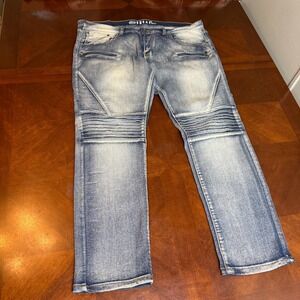 FUSAI Biker Moto Jeans Mens 38x32 Distressed Ribbed Knees Stretch Denim grunge